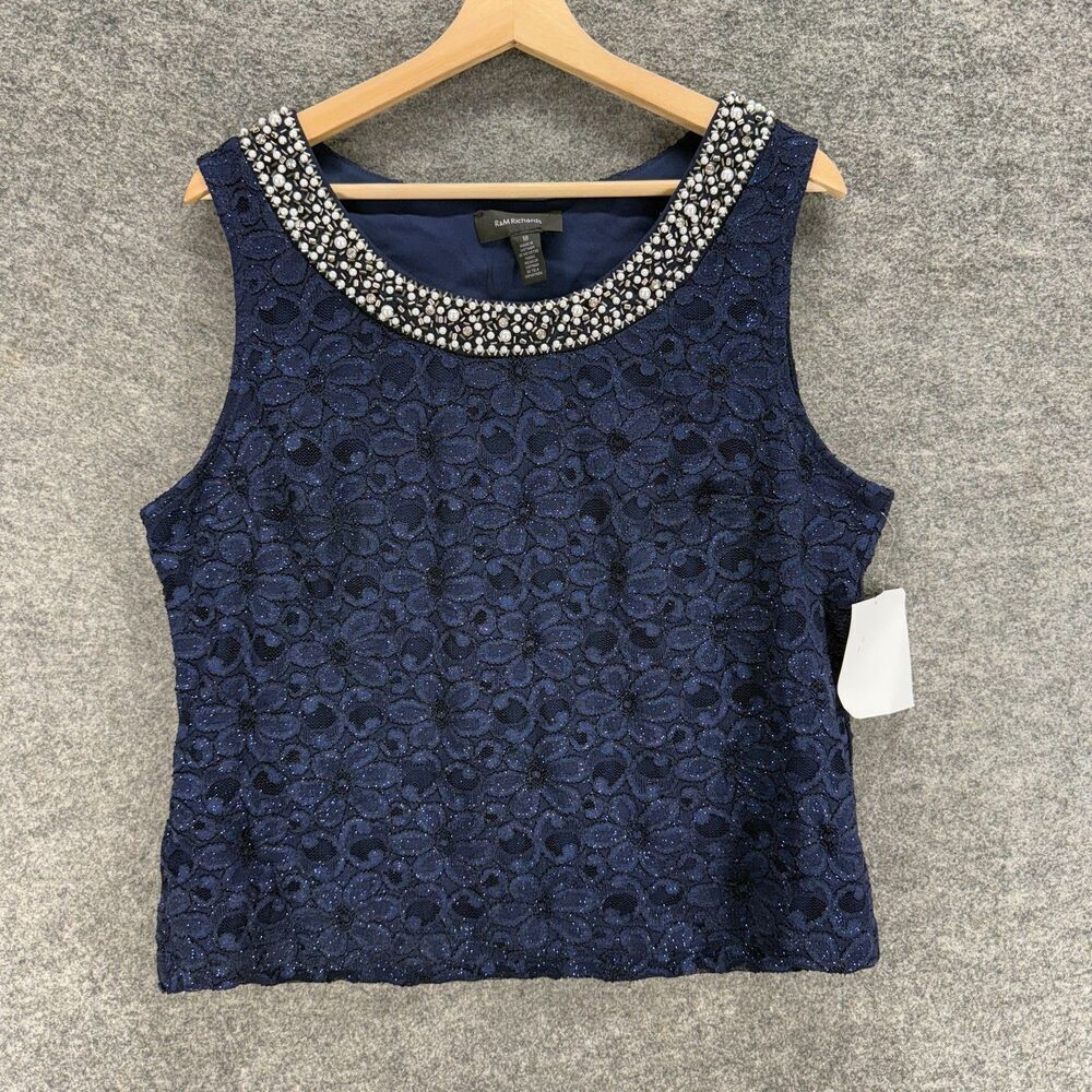 New R&M Richards Blouse Women 18 Plus Blue Floral Sleeveless Rhinestone Casual